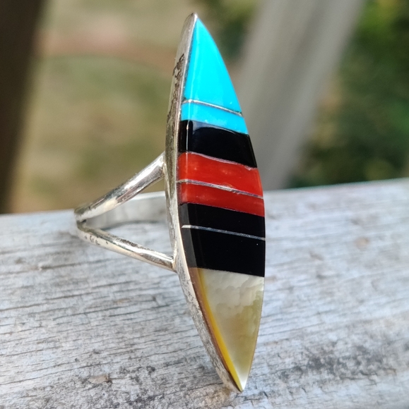 Antique Sterling Zuni signed turquoise coral onyx and mother of pearl ri… - Picture 4 of 10